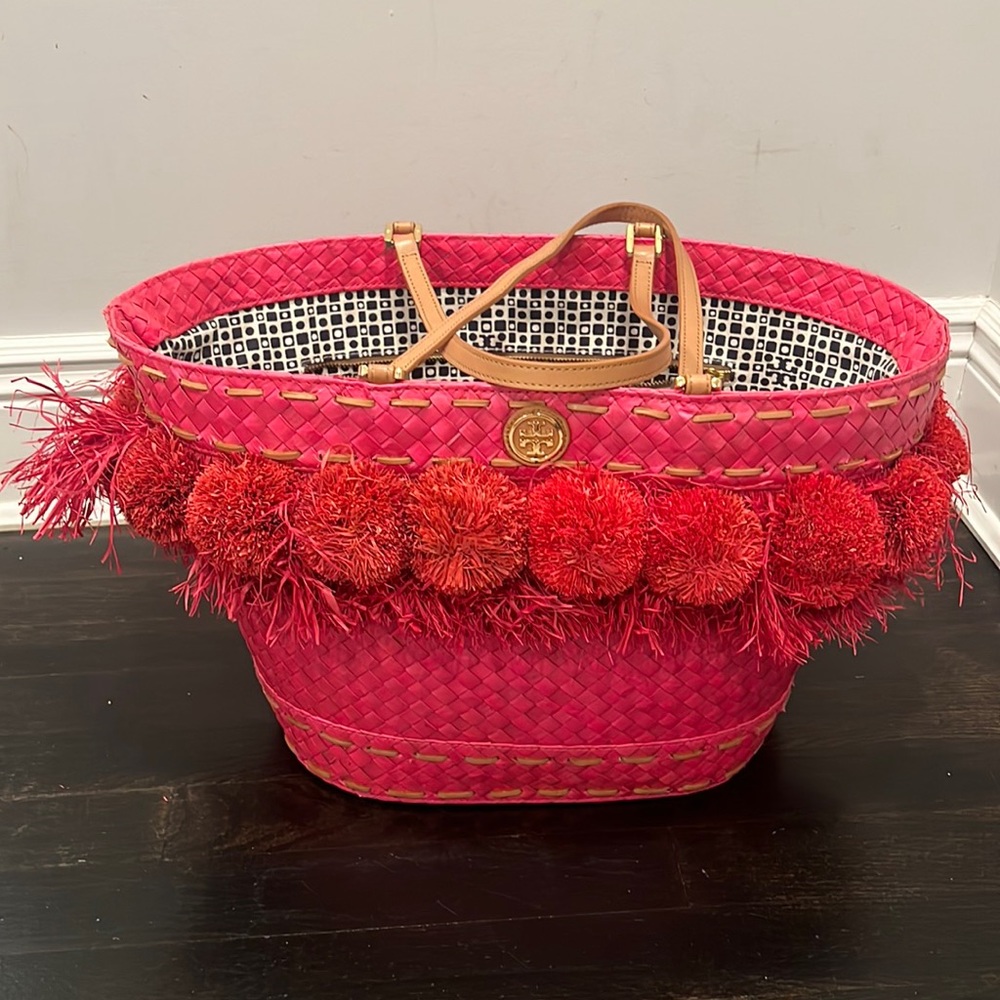 Tory Burch beach bag tote Pom poms pink large